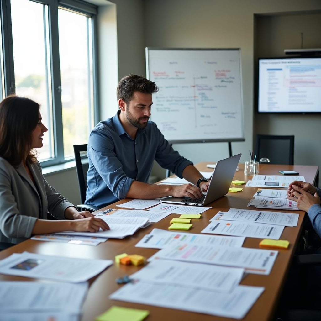 Content strategist reviewing B2B website pages and search result documentation at a conference room table