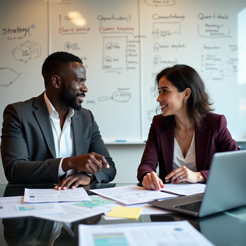 Two consultants reviewing search result strategy documents at a conference table