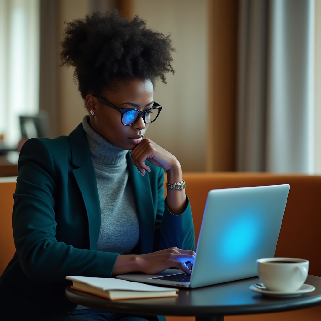 Consultant deeply focused on laptop screen reviewing structured data and search results in quiet office environment
