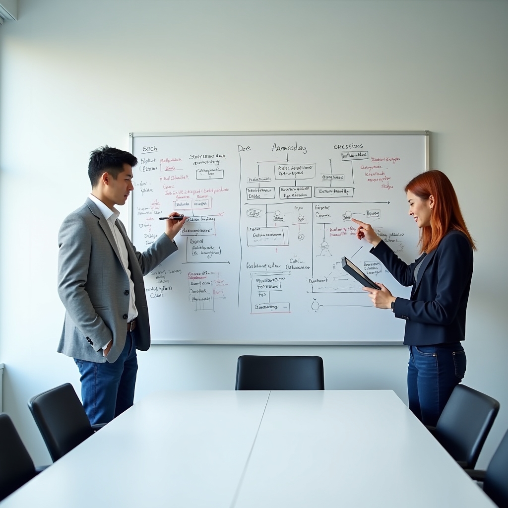Team members analyzing search result patterns on a whiteboard in a bright meeting room